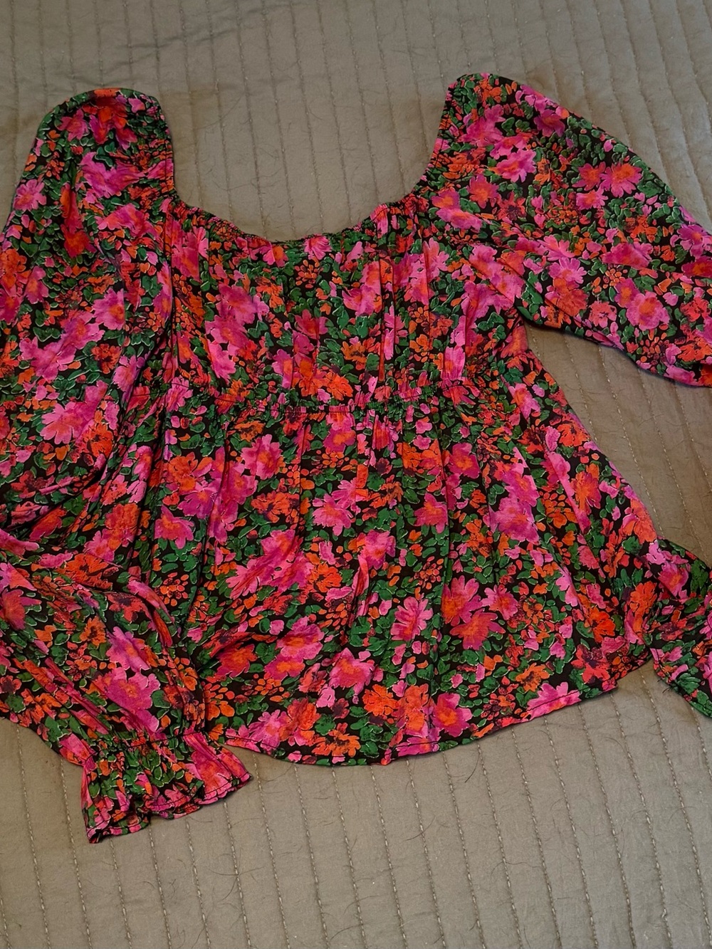 Floral V-Neck Peasant Top - Pink & Green